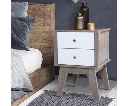 JOHNSON 2 DRAWER BEDSIDE TABLE - 580(H) X 400(W) - WHITE & NATURAL