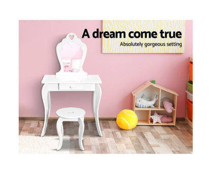 KIANNA KIDS VANITY DRESSING TABLE WITH MIRROR & STOOL - WHITE