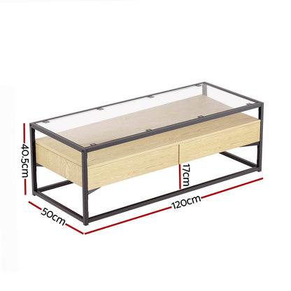 BENTON GLASS 2 DRAWER COFFEE TABLE - GLASS / NATURAL