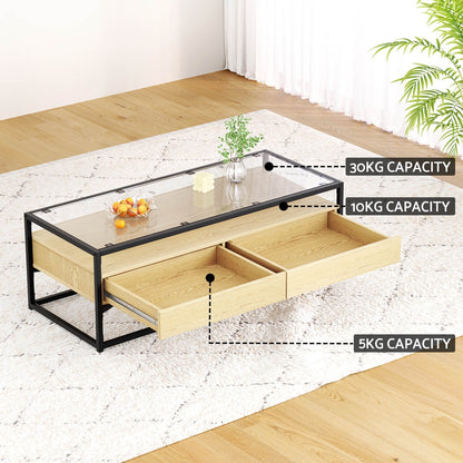 BENTON GLASS 2 DRAWER COFFEE TABLE - GLASS / NATURAL