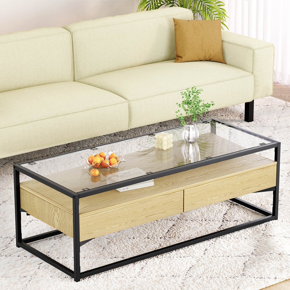 BENTON GLASS 2 DRAWER COFFEE TABLE - GLASS / NATURAL