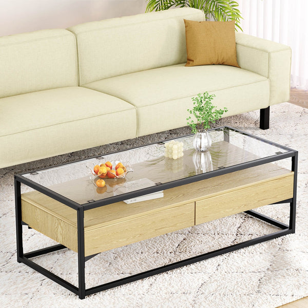 BENTON GLASS 2 DRAWER COFFEE TABLE - GLASS / NATURAL