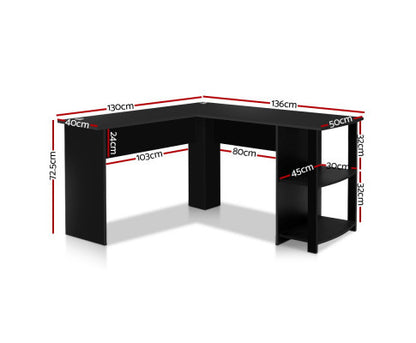 RAELIAN L-SHAPED COMPUTER DESK WITH 3 OPEN SHELVES - BLACK