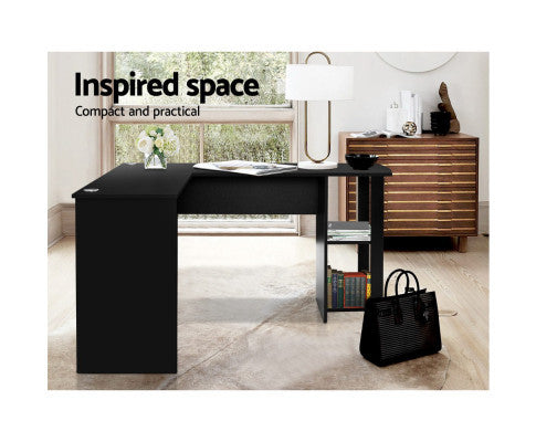RAELIAN L-SHAPED COMPUTER DESK WITH 3 OPEN SHELVES - BLACK