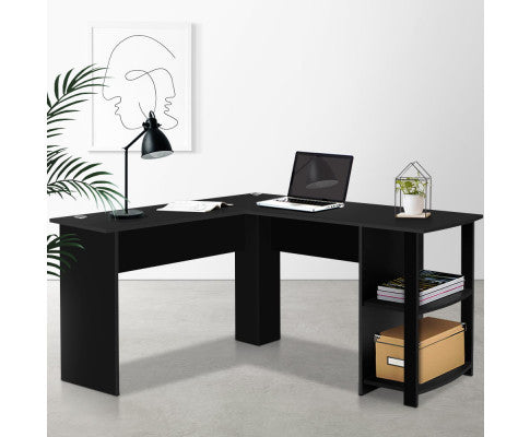 Raelian L-shaped Computer Desk With 3 Open Shelves - Black