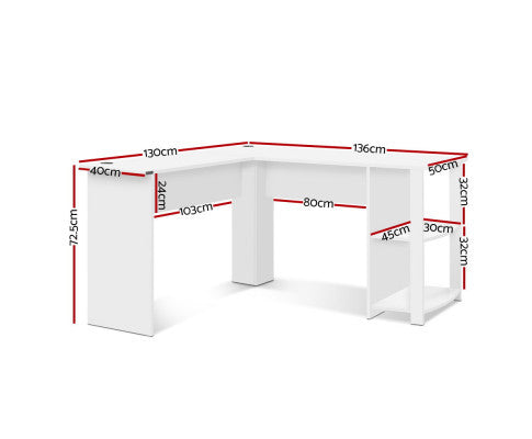 RAELIAN L-SHAPED COMPUTER DESK WITH 3 OPEN SHELVES - WHITE