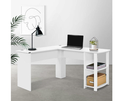 Raelian L-shaped Computer Desk With 3 Open Shelves - White