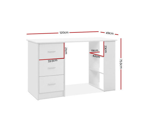 RAELIAN COMPUTER DESK WITH 3 DRAWERS - 1200(W)  x 500(D) - WHITE