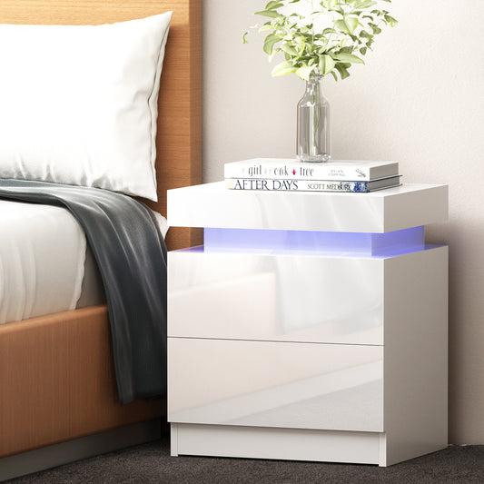 Lewis 2 Drawer Bedside Table With Rgb LED – High Gloss White