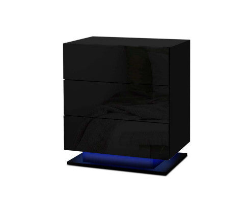HAMILTON 3 DRAWER BEDSIDE TABLE WITH RGB LED LAMP - HIGH GLOSS BLACK