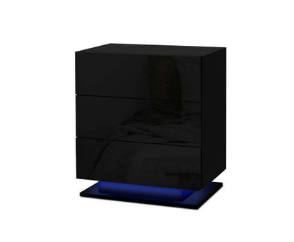 HAMILTON 3 DRAWER BEDSIDE TABLE WITH RGB LED LAMP - HIGH GLOSS BLACK