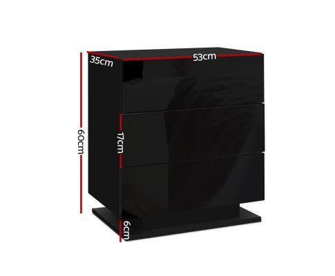 HAMILTON 3 DRAWER BEDSIDE TABLE WITH RGB LED LAMP - HIGH GLOSS BLACK