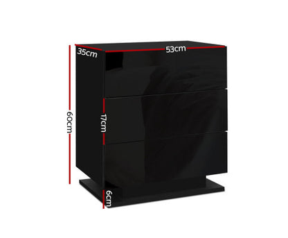 HAMILTON 3 DRAWER BEDSIDE TABLE WITH RGB LED LAMP - HIGH GLOSS BLACK