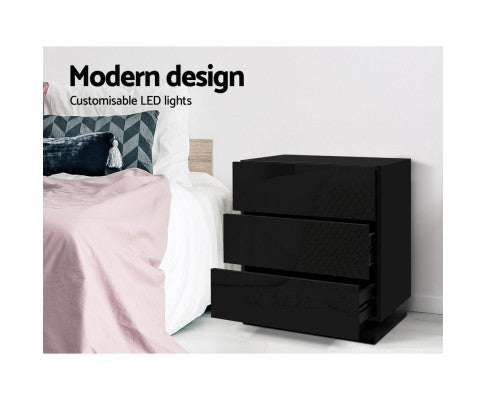 HAMILTON 3 DRAWER BEDSIDE TABLE WITH RGB LED LAMP - HIGH GLOSS BLACK