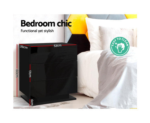 HAMILTON 3 DRAWER BEDSIDE TABLE WITH RGB LED LAMP - HIGH GLOSS BLACK