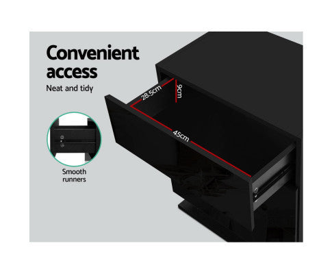 HAMILTON 3 DRAWER BEDSIDE TABLE WITH RGB LED LAMP - HIGH GLOSS BLACK