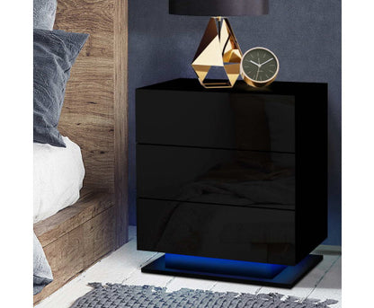 HAMILTON 3 DRAWER BEDSIDE TABLE WITH RGB LED LAMP - HIGH GLOSS BLACK