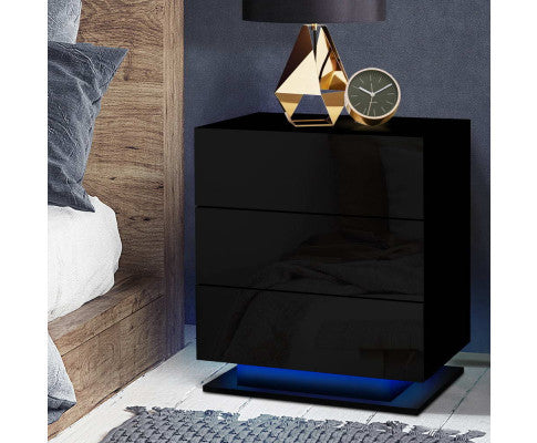 HAMILTON 3 DRAWER BEDSIDE TABLE WITH RGB LED LAMP - HIGH GLOSS BLACK