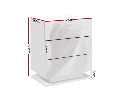 HAMILTON 3 DRAWER BEDSIDE TABLE WITH RGB LED LAMP - HIGH GLOSS WHITE
