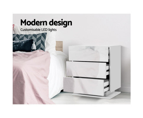 HAMILTON 3 DRAWER BEDSIDE TABLE WITH RGB LED LAMP - HIGH GLOSS WHITE