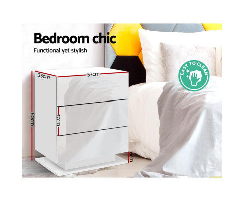 HAMILTON 3 DRAWER BEDSIDE TABLE WITH RGB LED LAMP - HIGH GLOSS WHITE