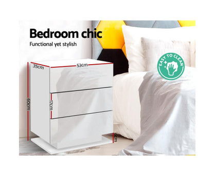 HAMILTON 3 DRAWER BEDSIDE TABLE WITH RGB LED LAMP - HIGH GLOSS WHITE