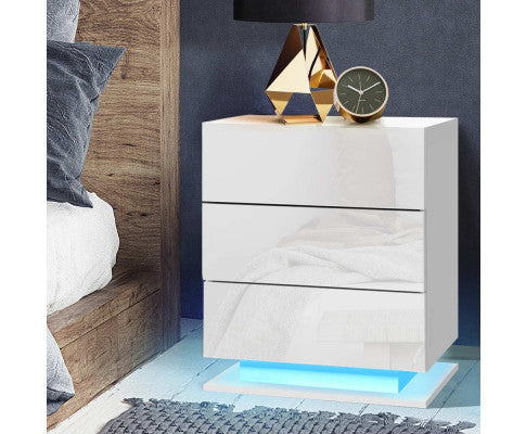 HAMILTON 3 DRAWER BEDSIDE TABLE WITH RGB LED LAMP - HIGH GLOSS WHITE