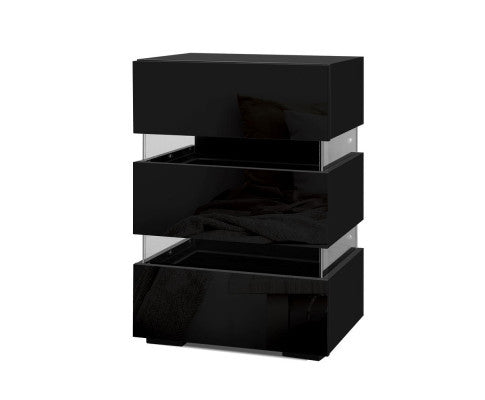 PYKE 3 DRAWER BEDSIDE TABLE WITH RGB LED LAMP - BLACK