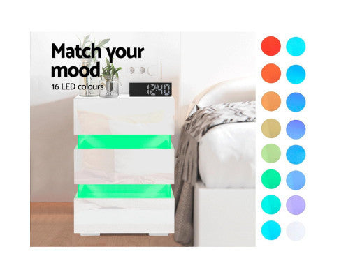 PYKE 3 DRAWER BEDSIDE TABLE WITH RGB LED LAMP - WHITE
