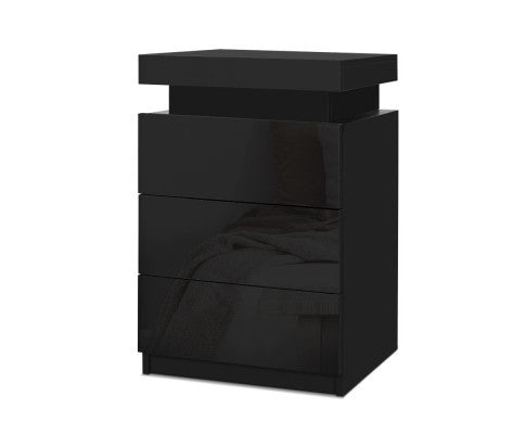 HAMILTON 3 DRAWER BEDSIDE TABLE WITH RGB LED - HIGH GLOSS BLACK