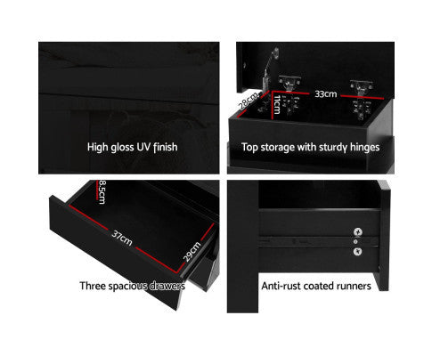 HAMILTON 3 DRAWER BEDSIDE TABLE WITH RGB LED - HIGH GLOSS BLACK