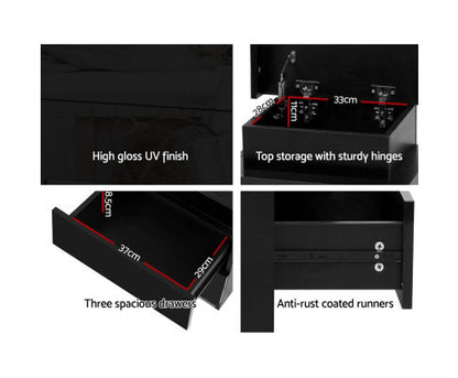 HAMILTON 3 DRAWER BEDSIDE TABLE WITH RGB LED - HIGH GLOSS BLACK