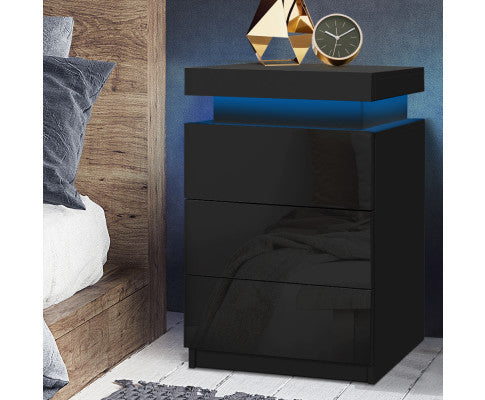 Hamilton 3 Drawer Bedside Table With Rgb LED - High Gloss Black