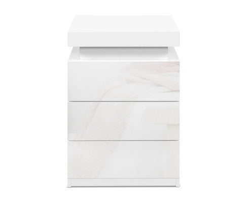 HAMILTON 3 DRAWER BEDSIDE TABLE WITH RGB LED - HIGH GLOSS WHITE