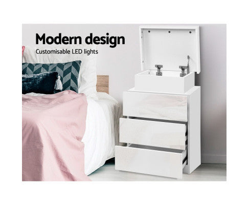 HAMILTON 3 DRAWER BEDSIDE TABLE WITH RGB LED - HIGH GLOSS WHITE