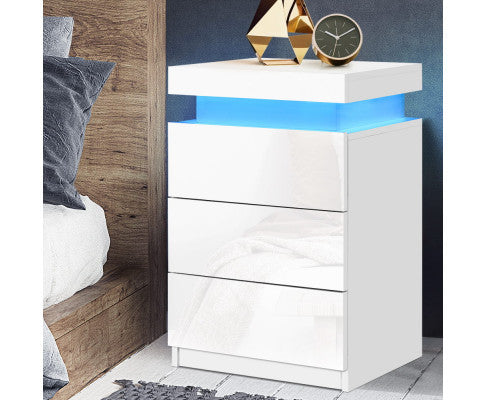 Hamilton 3 Drawer Bedside Table With Rgb LED - High Gloss White