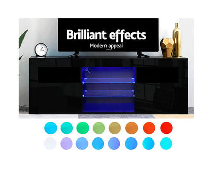 HAMILTON TV CABINET ENTERTAINMENT UNIT WITH RGB LED - 600(H) X 1600(W) X 350(D) - HIGH GLOSS BLACK
