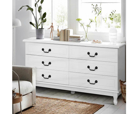 ALEXIS 6 DRAWER DRESSING TABLE / LOWBOY - 650(H) x 1200(W) x 365(D) - WHITE
