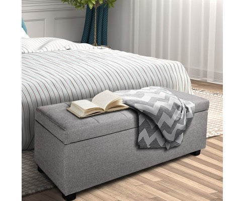 AMARIS FAUX LINEN FABRIC STORAGE OTTOMAN (OTM-L-LINEN-LI2-GY) - 400(H) X 1020(W) - LIGHT GREY