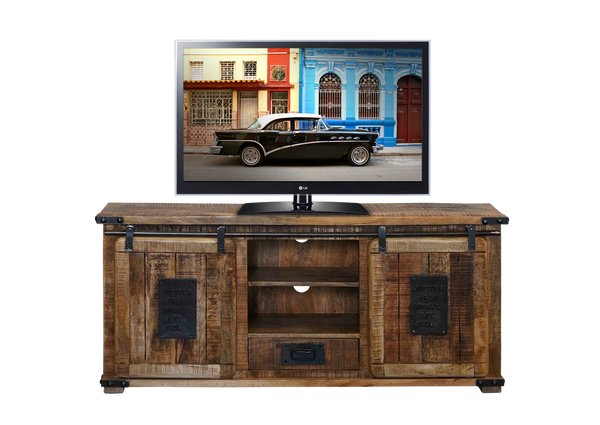 FOUNDRY  ENTERTAINMENT UNIT (WITH PLATE) 2 DOOR / 1 DRAWER - 650(H) X 1500(W) - RUSTIC MANGO