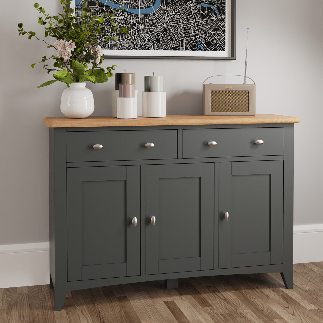 Emmett (GA-3DS-G) 3 Door / 2 Drawer Buffet / Sideboard - 850(H) X 1300(W) X 400(D) - Grey / Light Oak (2 TONE)