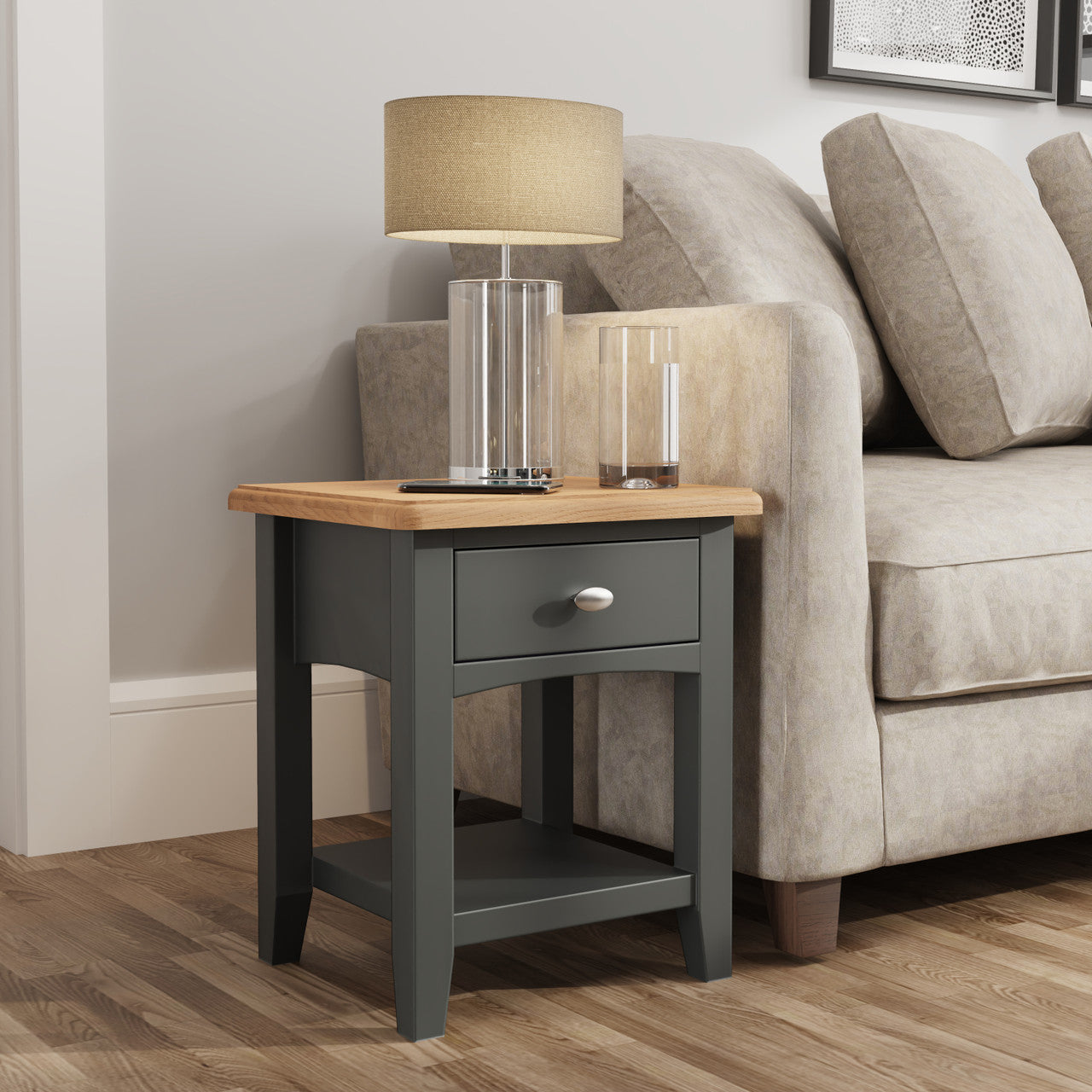 Emmett (AUSSIE MADE) Lamp Table With One Drawer - 500(H) X 400(W) X 360(D) - Signature Grey / Light Oak (2 TONE)