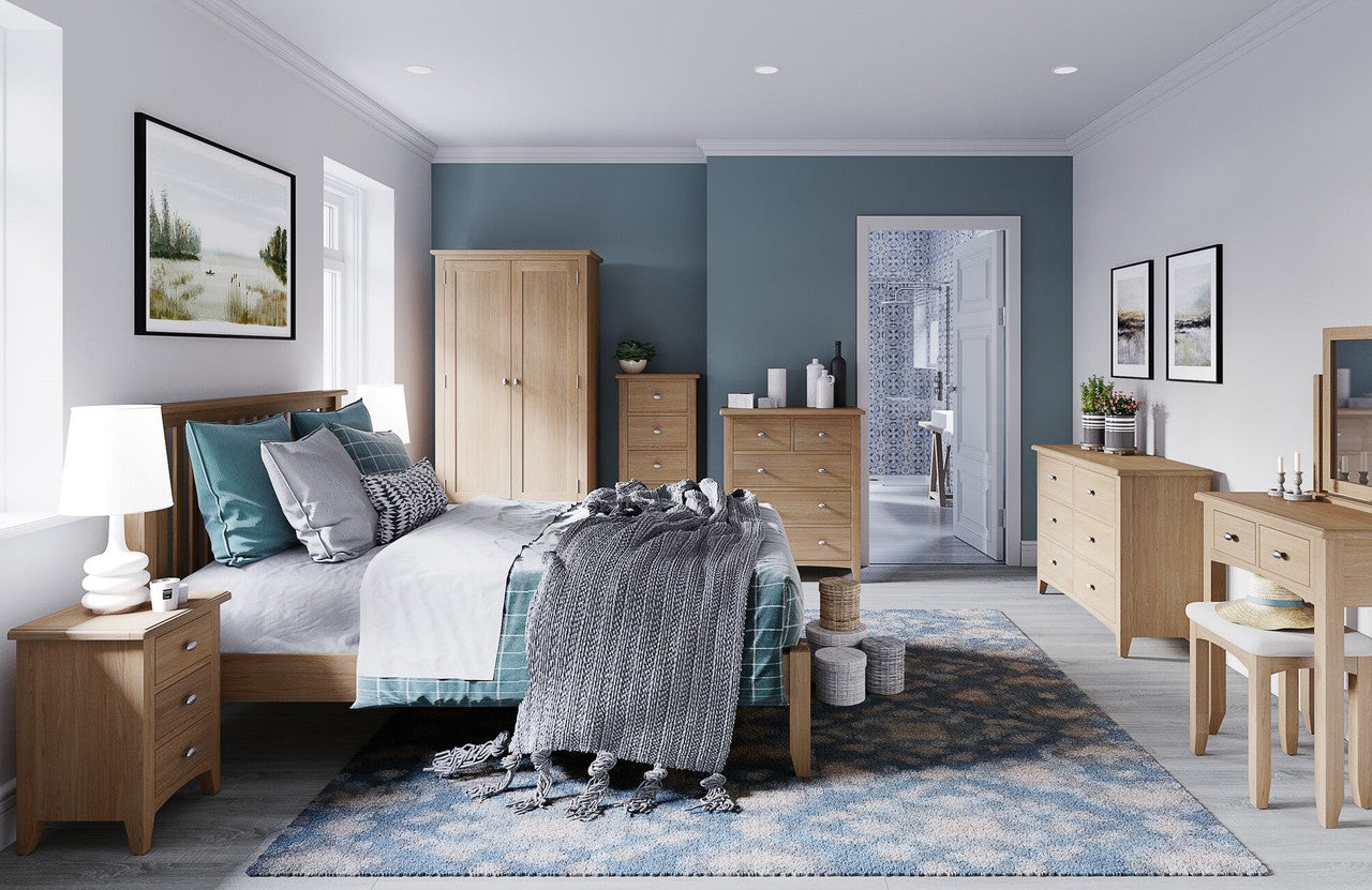 Elegance Double Or Queen 4 Piece Tallboy Oak Bedroom Suite -(7-1-15) - Light Oak