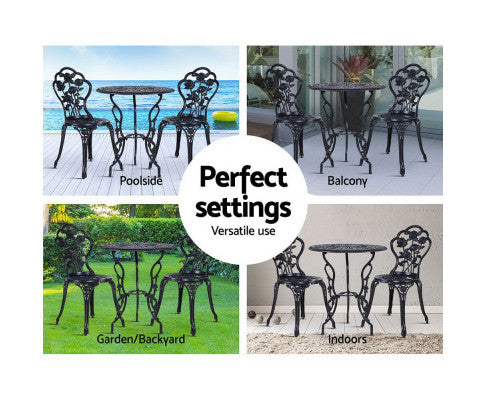 ANTHEA OUTDOOR 3 PIECE ALUMINIUM BISTRO SETTING - BLACK
