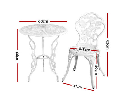 ANTHEA OUTDOOR 3 PIECE ALUMINIUM BISTRO SETTING - WHITE