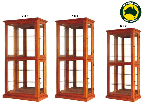 GLORIA (AUSSIE MADE) DISPLAY CABINET WITH MIRRORED BACKING COLLECTION - ASSORTED STAINED COLOURS - STARTING FROM $1299