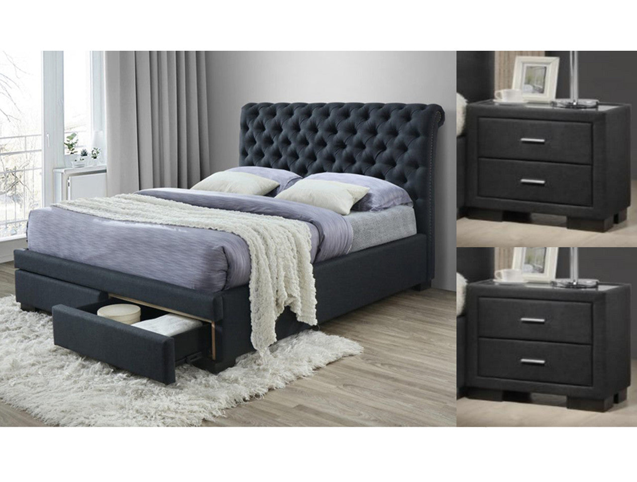 Guardian Queen 3 Piece (BEDSIDE) Fabric Bedroom Suite - Dark Grey