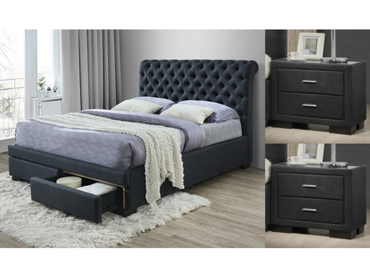 Guardian Queen 3 Piece (BEDSIDE) Fabric Bedroom Suite - Dark Grey