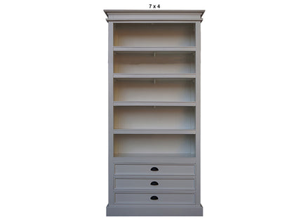 HAMPTON HARDWOOD BOOKCASE  WITH 3 DRAWERS COLLECTION - ASSORTED STAINED / PAINTED COLOURS