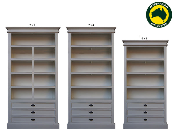 HAMPTON HARDWOOD BOOKCASE  WITH 3 DRAWERS COLLECTION - ASSORTED STAINED / PAINTED COLOURS